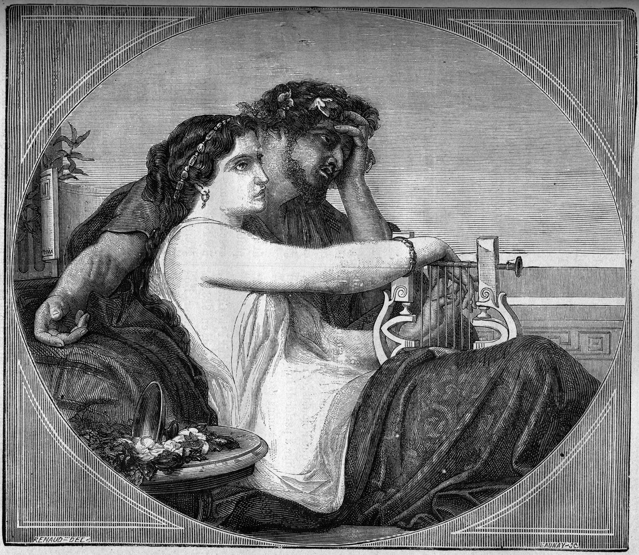 莱斯比（Lesbia）和卡图尔（公元前87-54年）拉丁诗人的代表作：诗人将许多诗歌献给他所爱的年轻妓女。雕刻在《从古代到今天世界各民族的卖淫和放荡史》中。 作者 法语学校