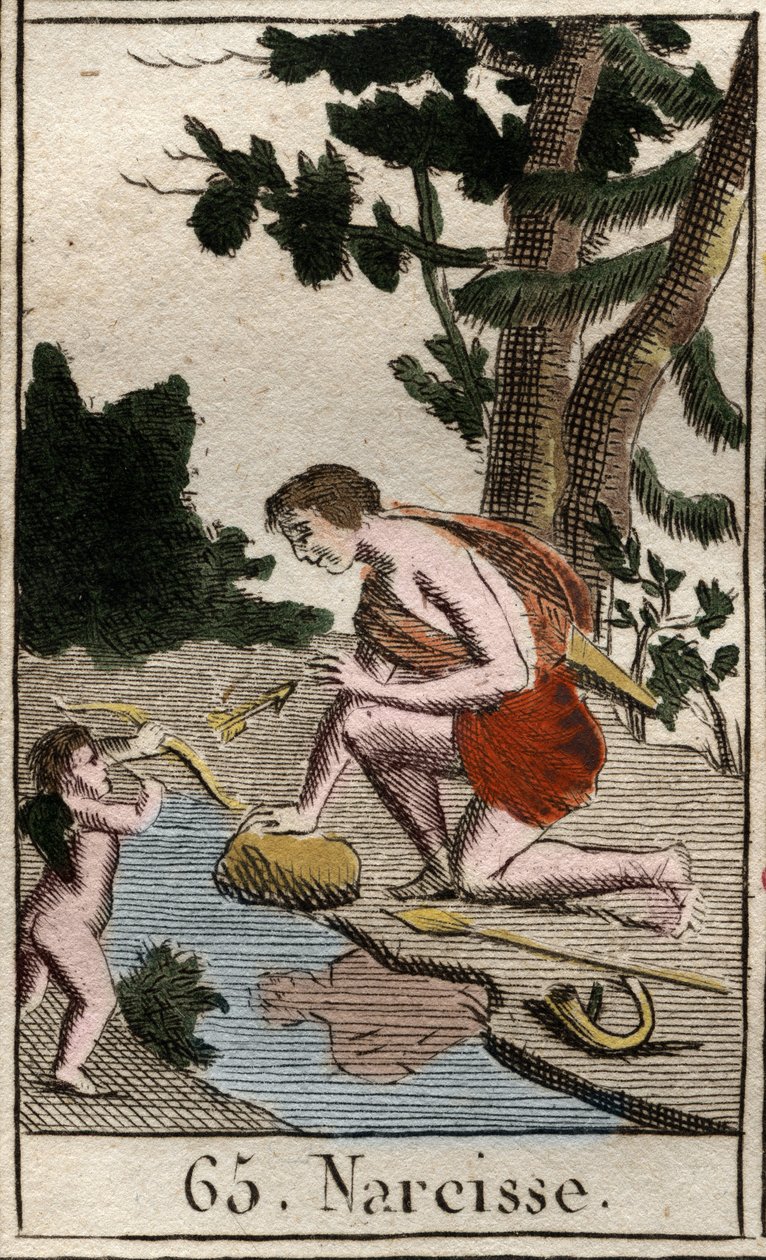 Representation of Narcisse, a young man in love with himself, he constantly looks at his reflection. (Representation of Narcissus, young man in love with himself, he admires at his reflexion constantly). From “Mythology of Youth” by Pierre Blanchard 1803. 作者 法语学校