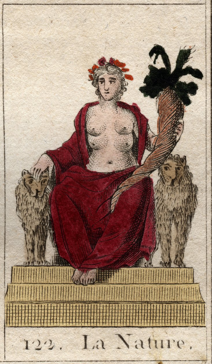 Representation of Nature as a woman on a throne with a horn of abundance, with many breasts to feed all beings. (The Nature as a young woman with a cornucopia and several teats in order to feed all the beings). From “Mythology of Youth” by Pierre Blanchard 作者 法语学校