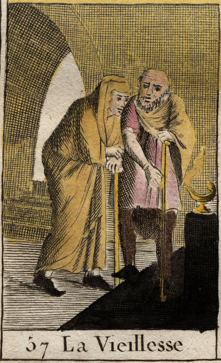 老年的代表，老妇人靠在一根棍子上。(老年的代表，她靠在一根棍子上）。)摘自皮埃尔-布兰查德1803年的《青年神话》。 作者 法语学校
