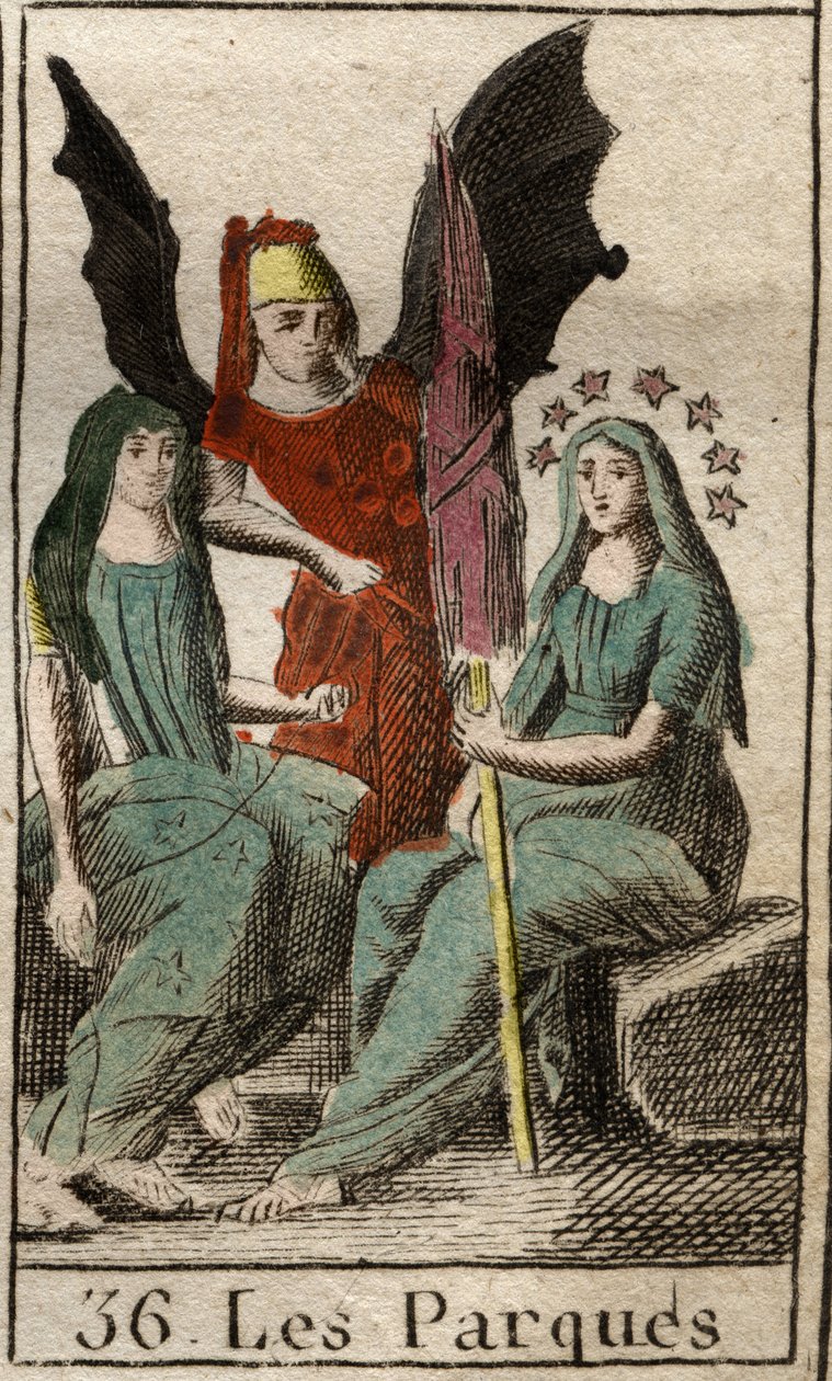 代表人类命运的神灵Parques（卡宾斯）、Clotho、Lachesis和Atropos，从出生到死亡，表现为非常老的妇女纺纱。(Parcae, Clotho, Lachesis and Atropos, 人类命运的化身，表现为纺纱的老妇人)。从 作者 法语学校