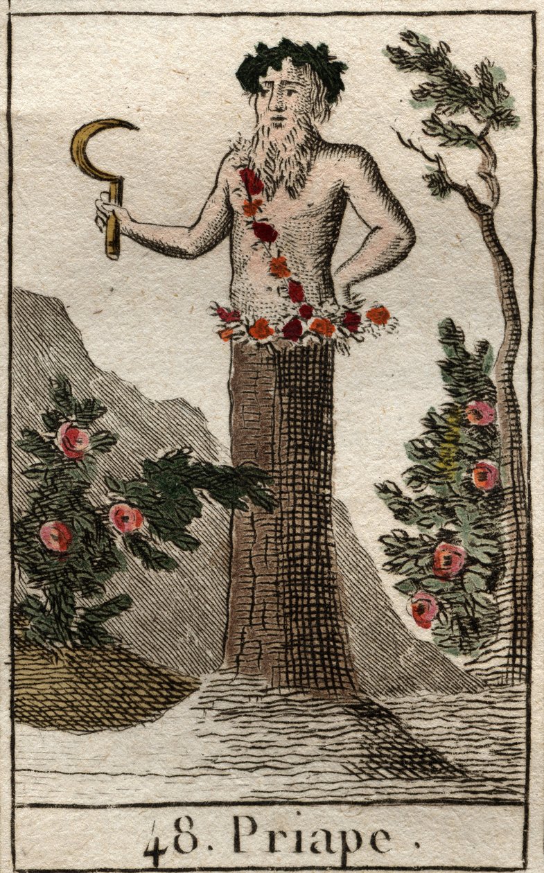 普里阿普的代表，放荡和生育之神，经常表现为阴茎巨大的勃起，手里拿着一把镰刀。(普里阿普斯，质朴的生育之神，常以永久勃起的阴茎为代表，他手持镰刀）。)摘自《神话》。 作者 法语学校
