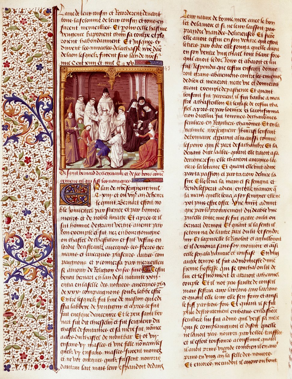 圣贝尔纳（San Bernardo di Chiaravalle）（1090-1153 年）的孩子。他在画面的中间，头上有一个光环。文森特-德-博瓦（Vincent de Beauva）所作《历史的记忆》（Speculum Historiale）（1196 毫秒，372 对开页）中的微型画 作者 法语学校