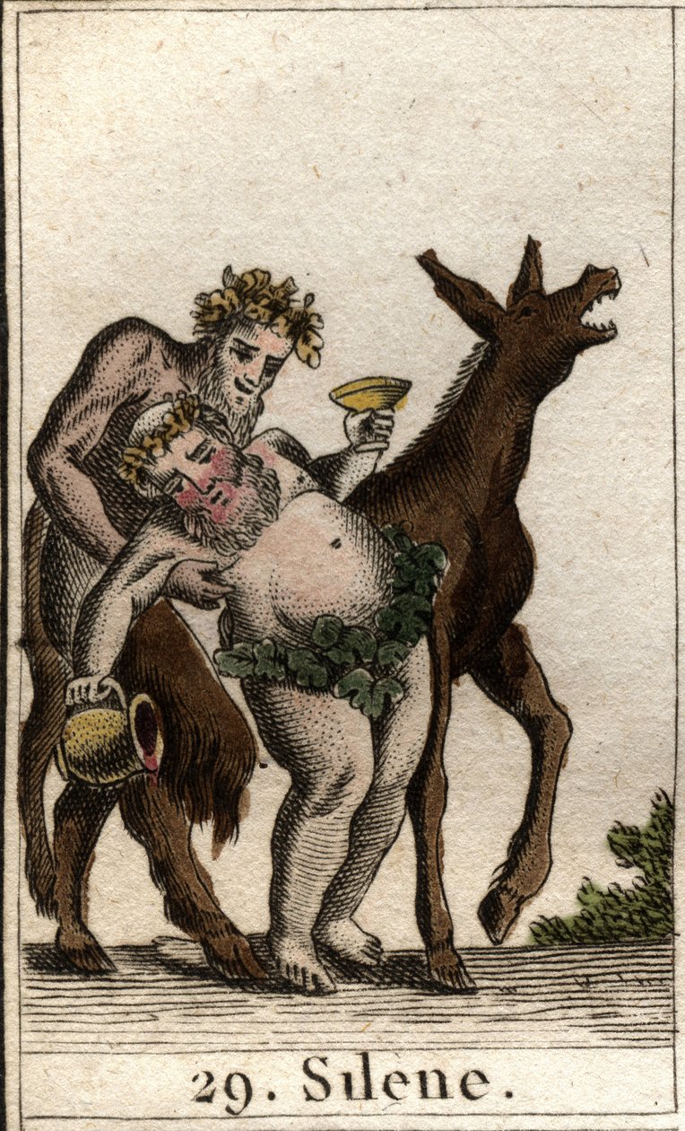 Representation of Silene, companion of Bacchus, drunk, supported by a satyre. (The friend of Bacchus Silenus, drunk, supported by a Young Satyr). From “Mythology of Youth” by Pierre Blanchard 1803. 作者 法语学校