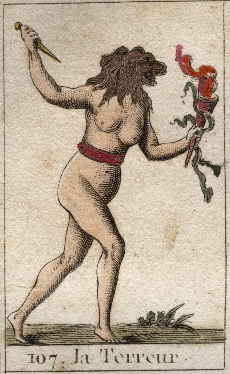 Representation of Terror, as a woman with a lion head, holding a knife and snakes. From “Mythology of Youth” by Pierre Blanchard 1803. 作者 法语学校