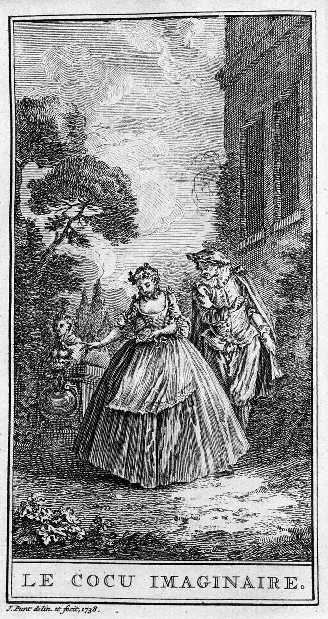Representation of a scene from the piece “” Sganarelle ou le cuckold imaginaire”” (1660) by Jean Baptiste Poquelin dit Moliere (1622-1673). Engraving from 1738. 作者 法语学校