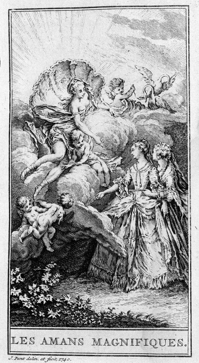 Jean Baptiste Poquelin dit Moliere (1622-1673)的作品 "Les lovers magnificients"（1670）的场景表现。1740年的版画。 作者 法语学校