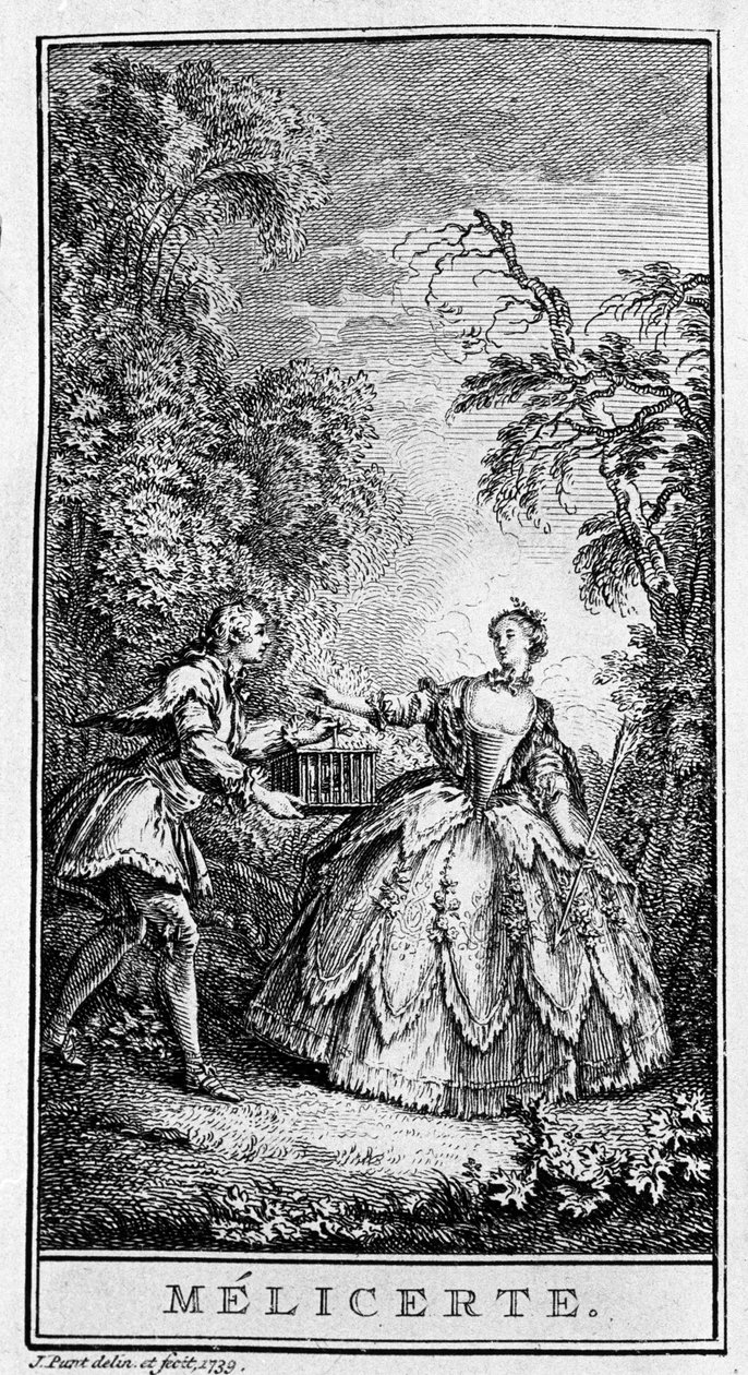 Jean Baptiste Poquelin dit Moliere (1622-1673) 作品“Melicerte”（1666 年）的场景再现。 1739 年的雕刻。 作者 法语学校