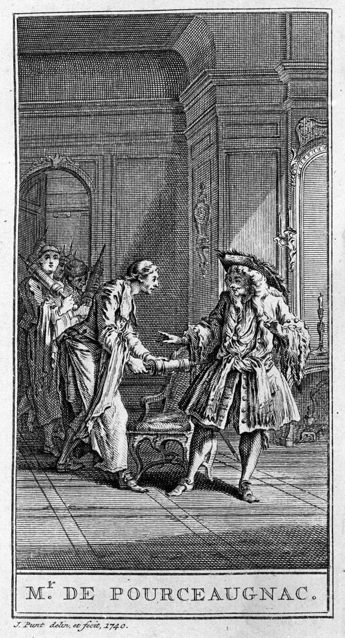 Representation of a scene of the piece “” Monsieur de Pourceaugnac”” (1669) by Jean Baptiste Poquelin dit Moliere (1622-1673). Engraving from 1740. 作者 法语学校