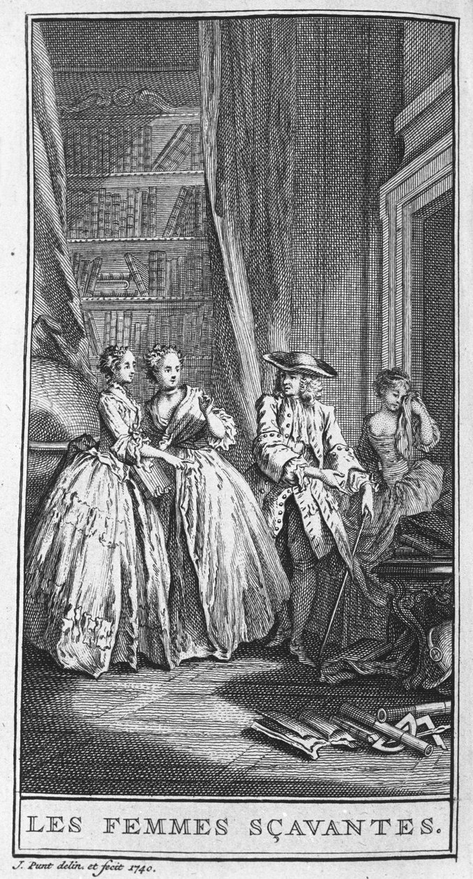 Jean Baptiste Poquelin dit Moliere (1622-1673)的戏剧 "Les femmes savantes"（1672）的一个场景。1740年的版画。 作者 法语学校