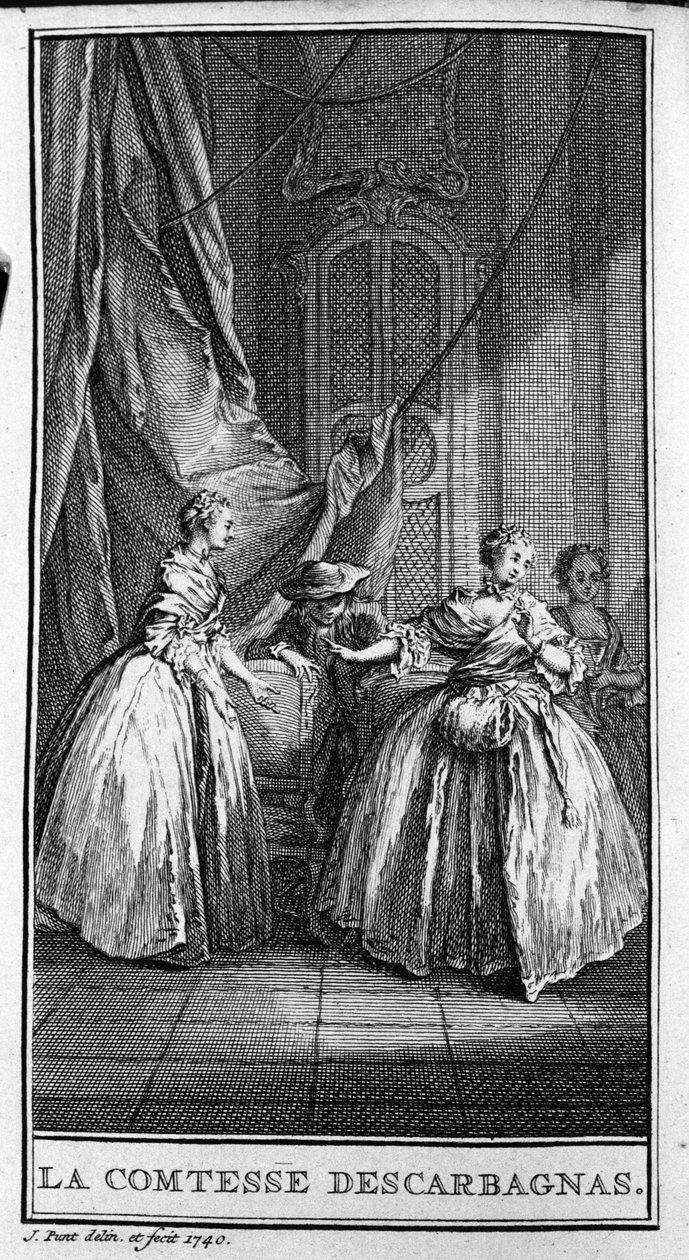 Jean Baptiste Poquelin dit Moliere (1622-1673) 的戏剧“Escarbagnas 伯爵夫人”（1671 年）的场景再现。 1740 年的雕刻。 作者 法语学校