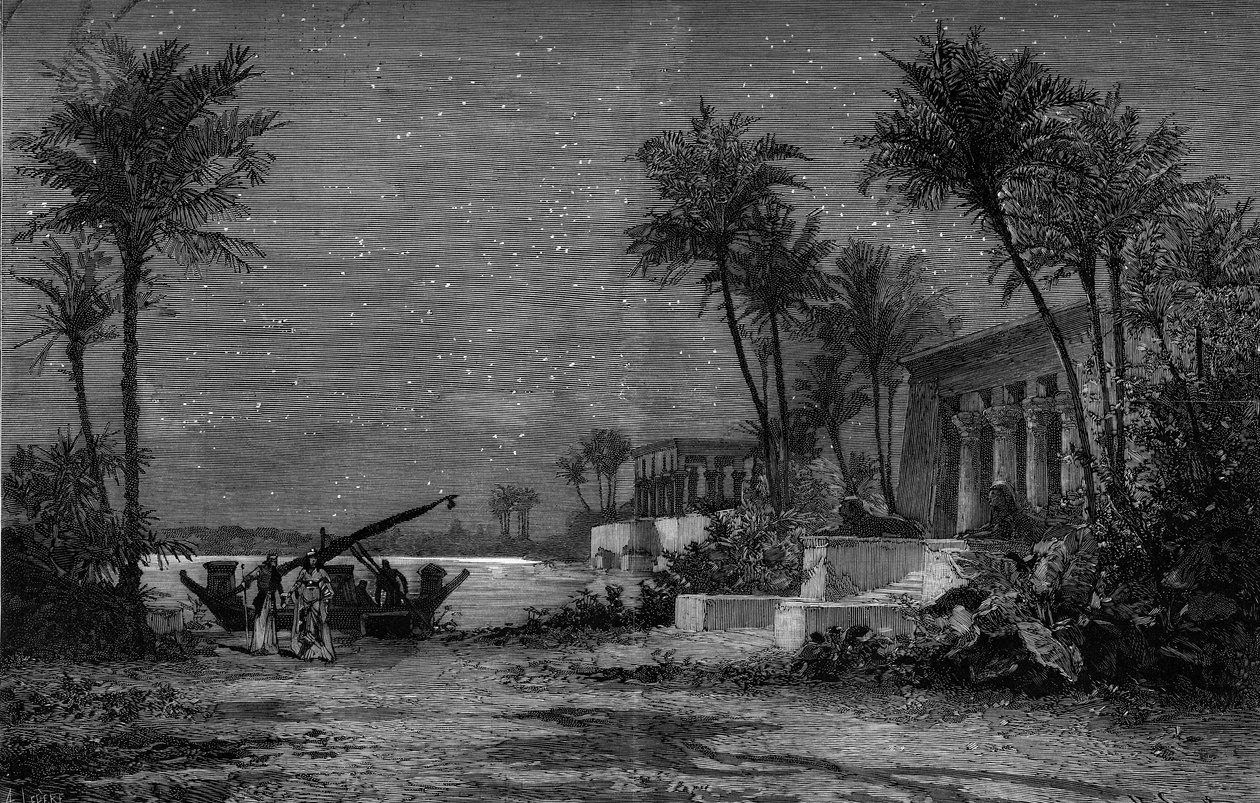 歌剧的表现形式：朱塞佩-威尔第（1813-1901）的《阿依达》。尼罗河畔（第三幕）。装饰：让-路易斯-谢雷（1820-1882）。斯科特在4月3日的《世界画报》第1201期上的版画。 作者 法语学校