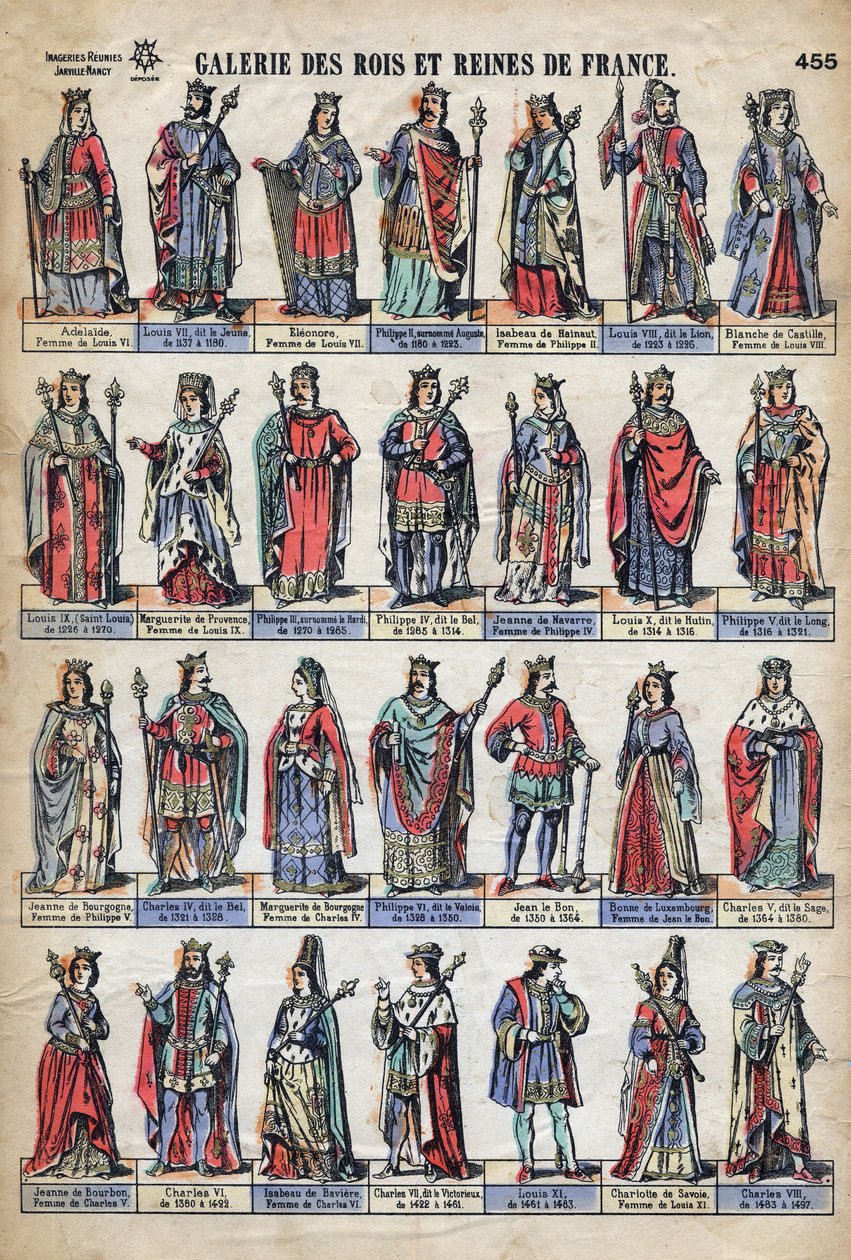 Representation of kings and queens of France from the Capetian dynasty (from Louis VII to Charles VIII). Illustration late 19th century. 作者 法语学校