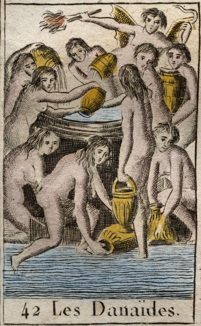 代表达纳罗斯国王的女儿达内德斯（Danaides），因为杀死她们的表妹和丈夫而被判处到冥界，无休止地填满一个无底的桶子。(The Danaides, Danaus (or Danaos)的女儿，被众神惩罚在塔尔塔罗斯背着一个 作者 法语学校