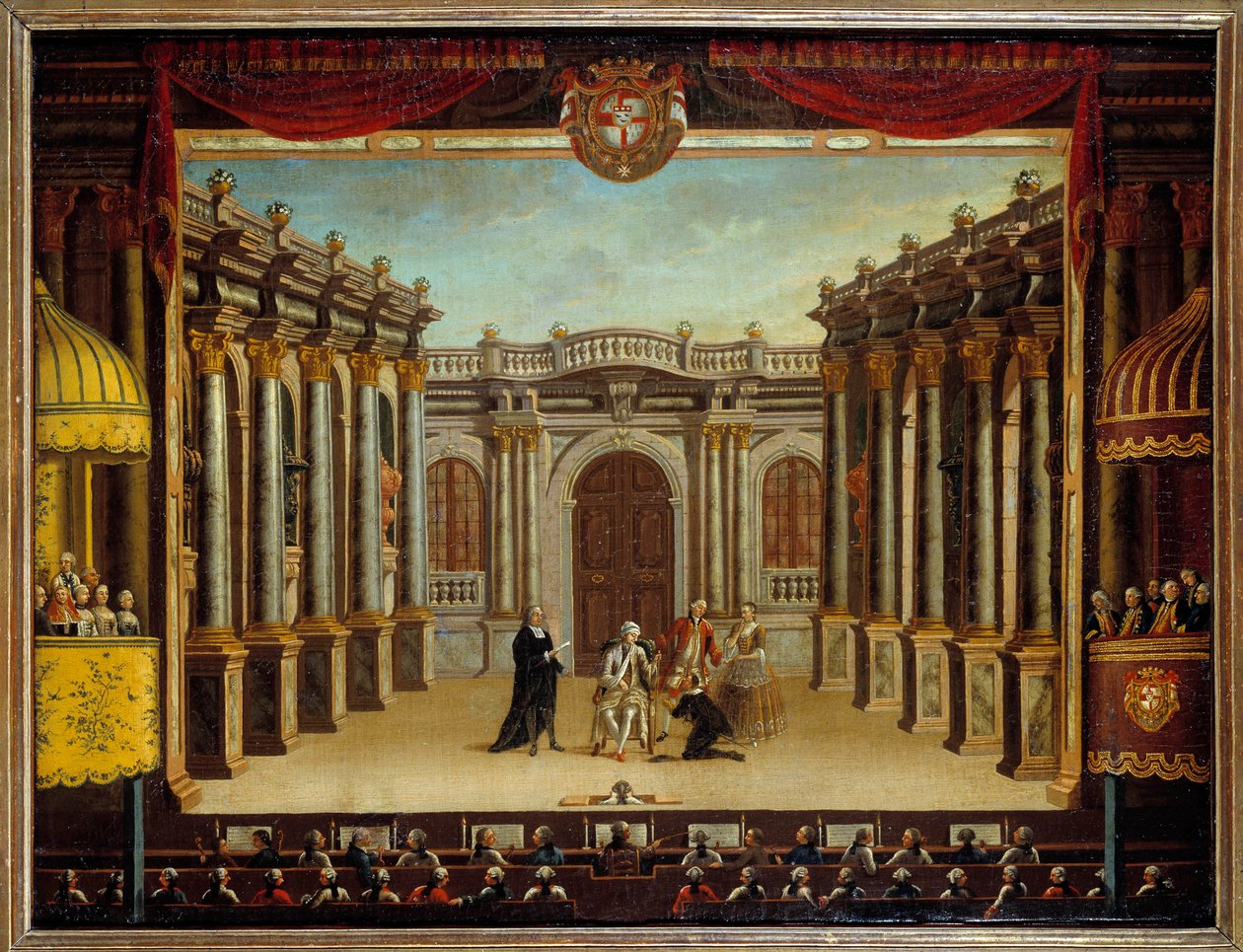 Jean Baptiste Poquelin dit Moliere（1622-1673）在西班牙梅诺卡剧院的“想象中的恶作剧”的表现； 现场的景色。 匿名绘画 作者 法语学校
