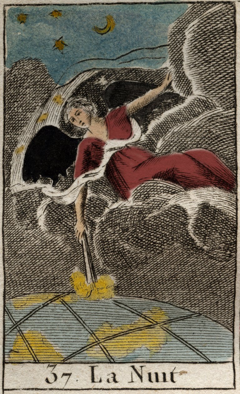 夜（Nyx）的代表，黑暗的女神。(Nyx (The Night)，黑暗女神)。摘自皮埃尔-布兰查德1803年的《青年神话》。 作者 法语学校