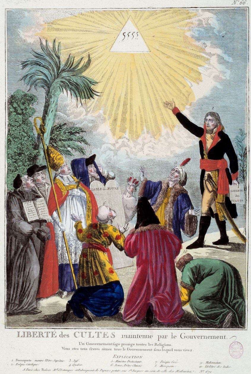 拿破仑-波拿巴（1769-1821）维护的所有宗教信仰自由的代表：第一执政官表示，三位一体的三角形象征着上帝由各宗教的代表来。天主教徒，一个犹太人，一个贵格会教徒。 作者 法语学校