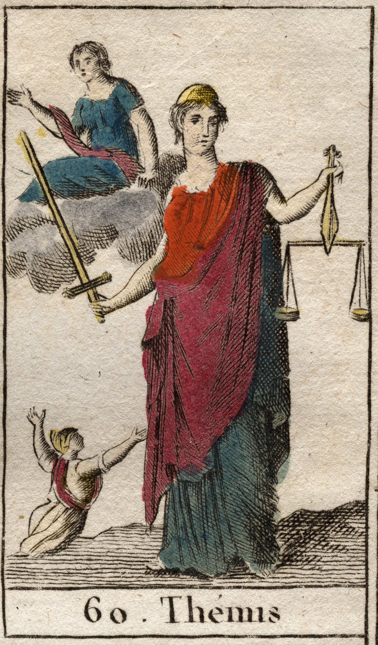 正义和法律女神泰米斯的代表，她手持天平和剑。(正义和法律女神泰米斯的代表，她蒙着眼睛，拿着天平和一把剑）。)摘自皮埃尔-布兰查德1803年的《青年神话》。 作者 法语学校