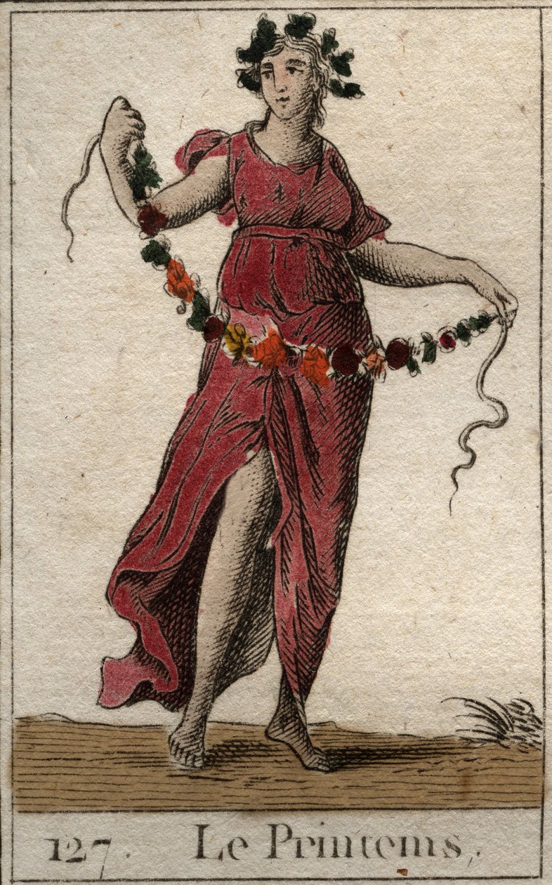 Representation of the spring season under the lines of Flora holding a garland of flowers. (The Spring represented as Flora holding a flowers garland). From “Mythology of Youth” by Pierre Blanchard 1803. 作者 法语学校