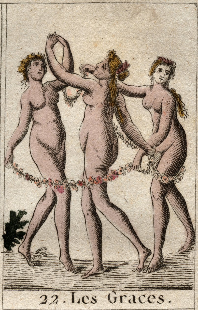 三圣母的代表。Aglae、Thalie和Euphrosyne，维纳斯和巴克斯的女儿（The Three Graces (or Charites) daughters of Venus and Bacchus.摘自皮埃尔-布兰查德1803年的《青年神话》。 作者 法语学校