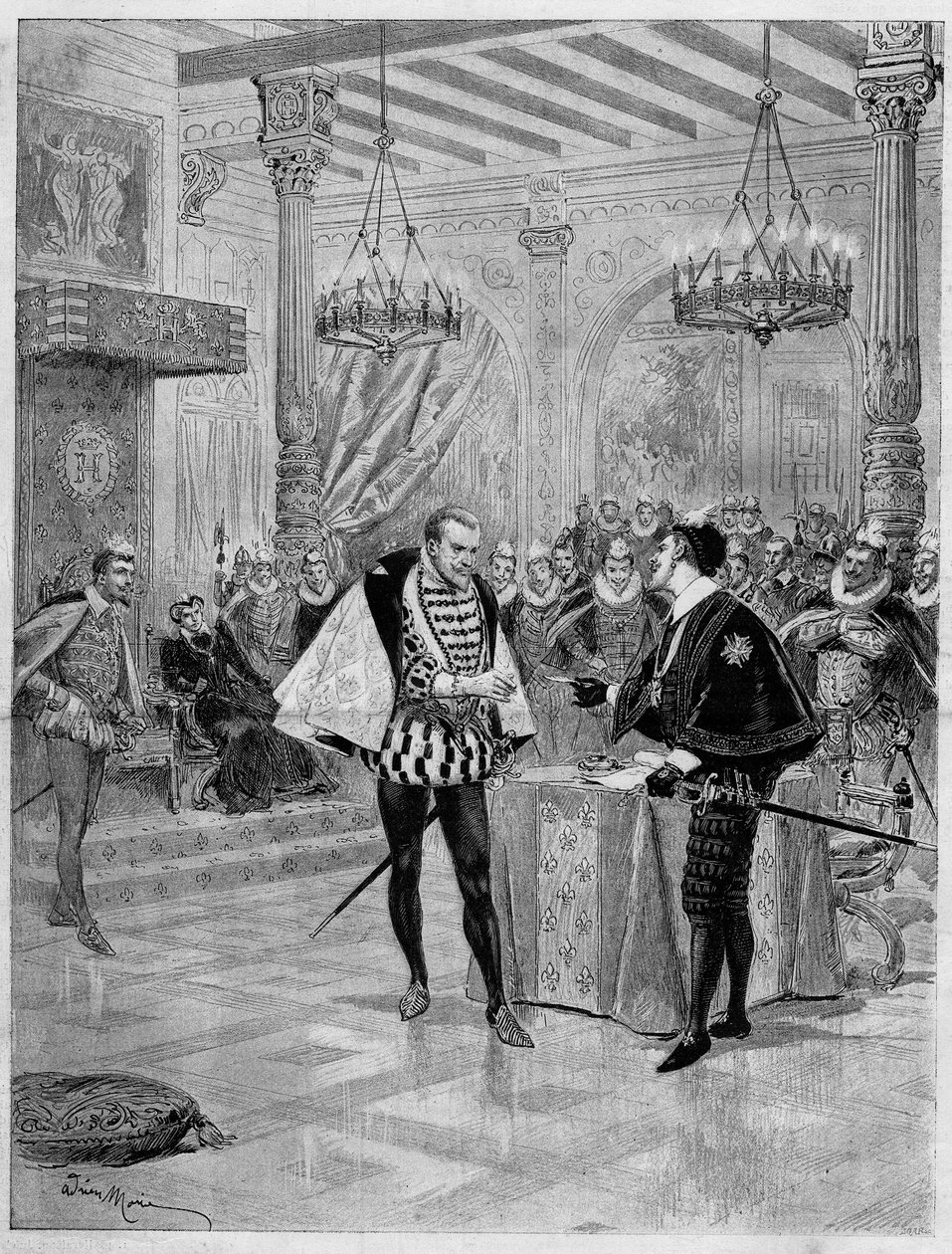 戏剧表演：大仲马（1802-1870）在巴黎法兰西喜剧院的 "亨利三世和他的法庭 "第四幕场景 作者 法语学校