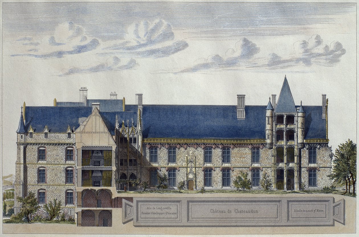 Chateaudun城堡的修复，建筑监视器的插图，由H. Penel雕刻（彩色雕刻） 作者 法语学校