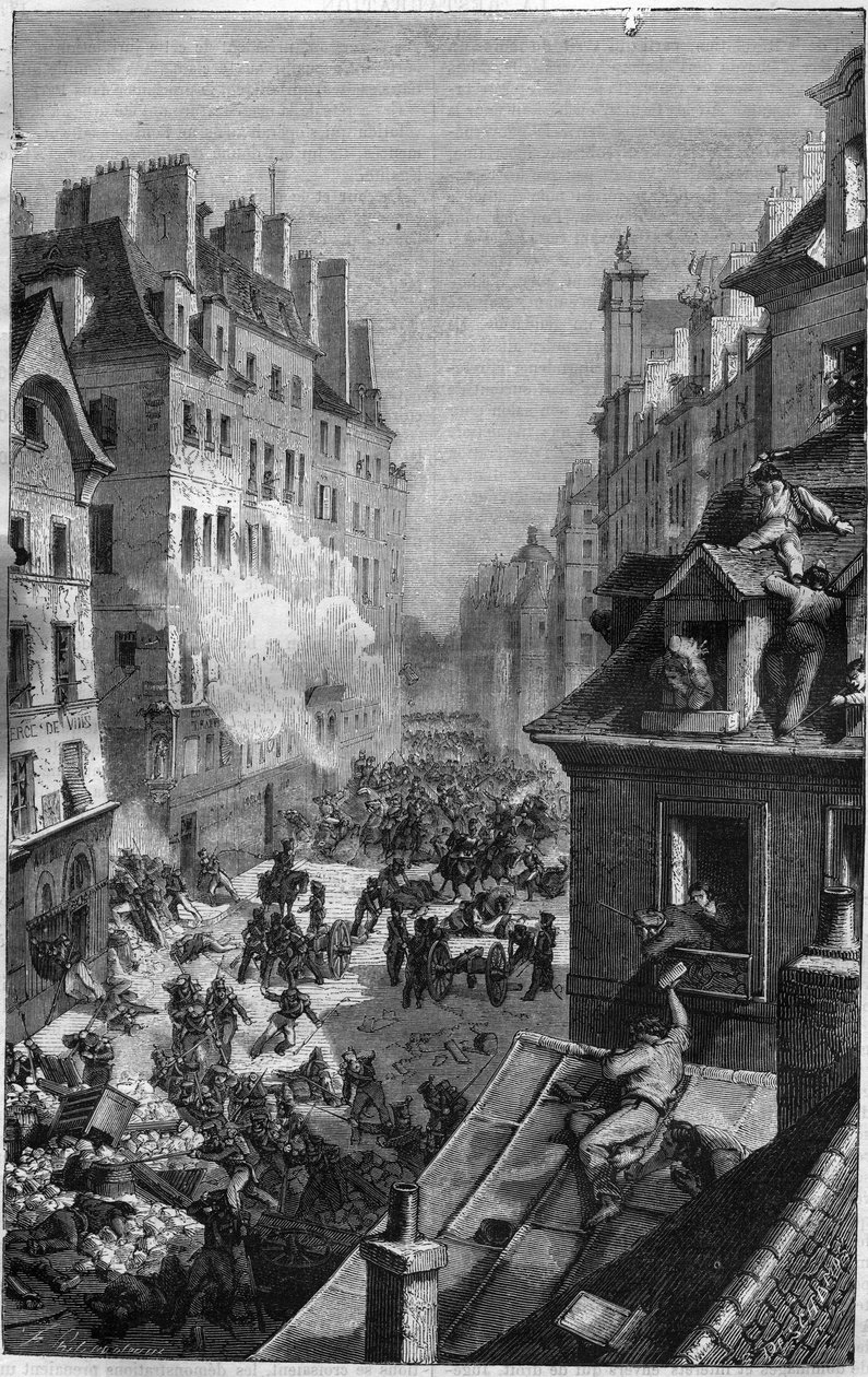 1830年的革命：在圣安托万大街的战斗。莫里斯-拉夏尔（Maurice Lachatre）的《历代教皇-资产-皇后和皇帝的历史》中的版画 作者 法语学校