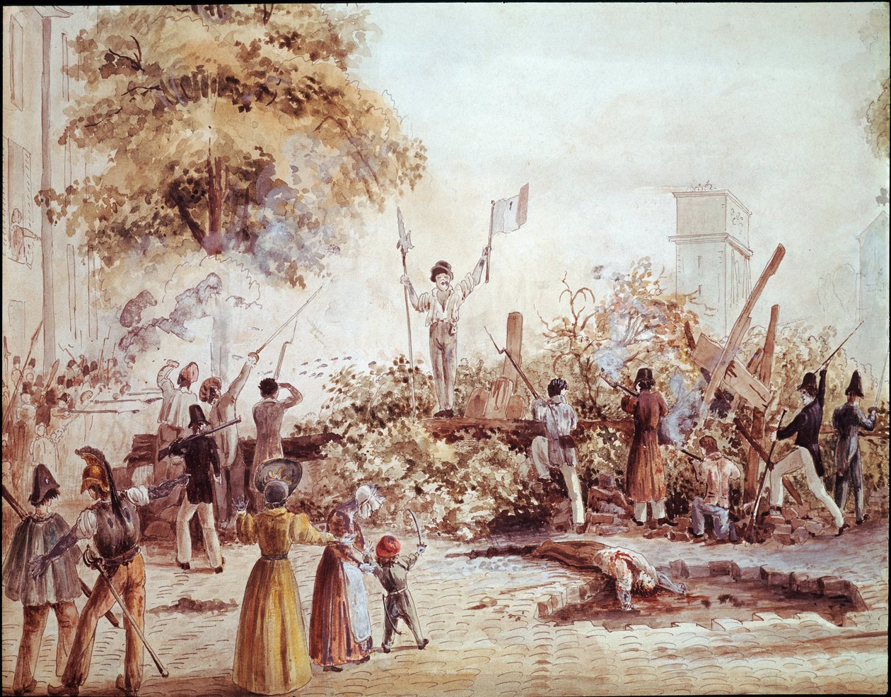 巴黎七月革命--8月1日圣马丁大道上的街垒（水彩画，约1830年 作者 法语学校