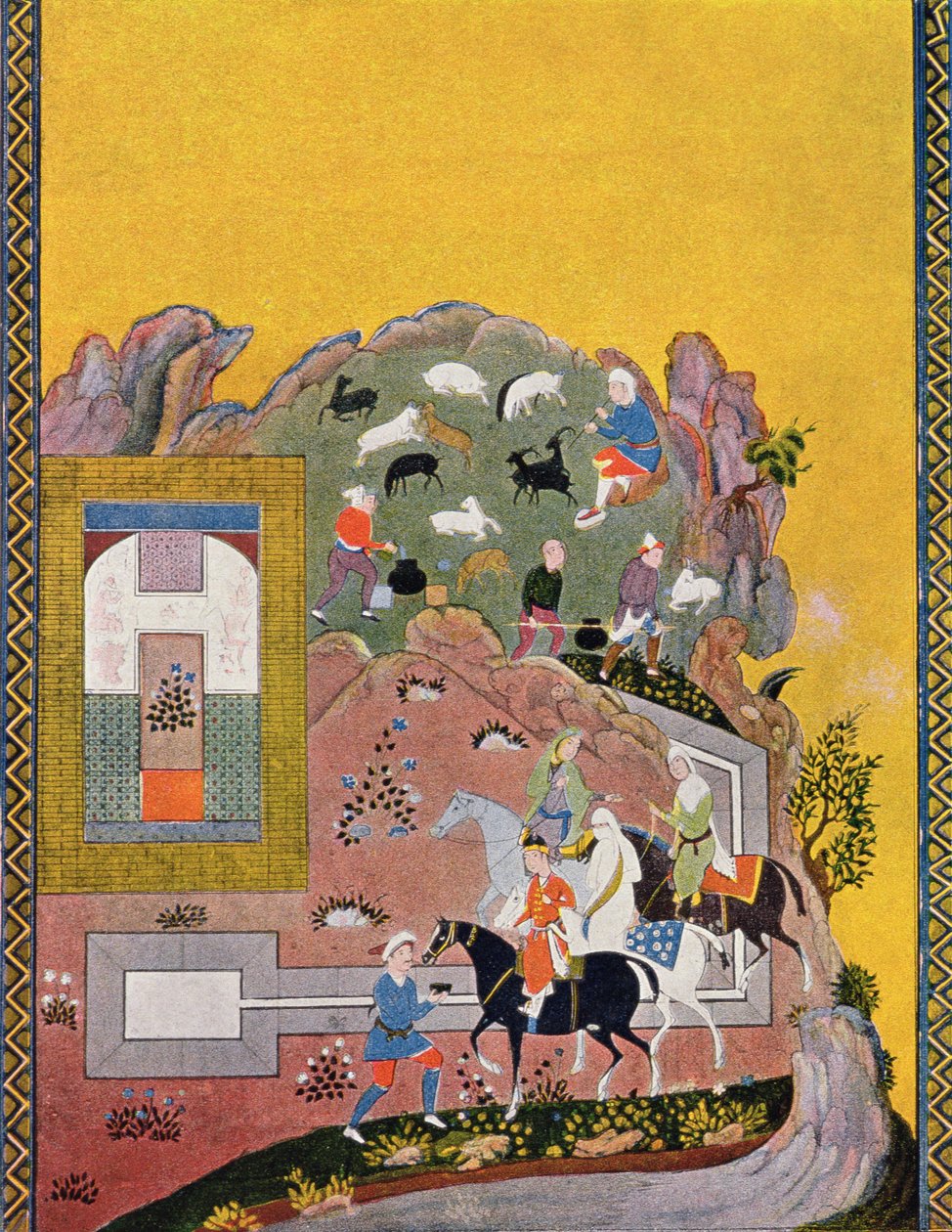 骑士和他的后宫，1895年的阿拉伯之夜的插图（彩色雕刻） 作者 法语学校