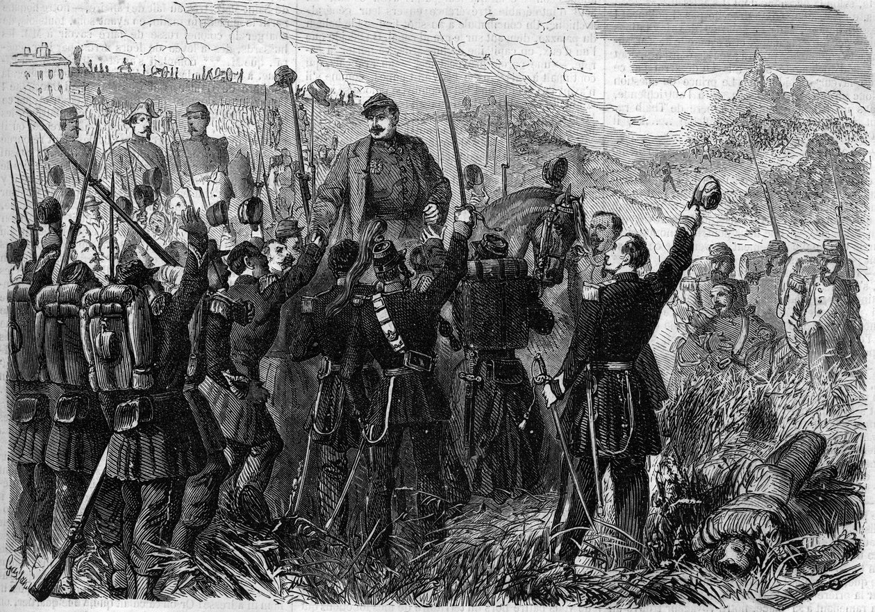 Risorgimento - Battle of Montebello della Battaglia (Italy), 21 May 1859: French general Elie Frederic Forey (1804 - 1872), commander of the Italian army, was triumphed by his soldiers after his victory over the Austrian army. Engraving in “” Le Monde Illu 作者 法语学校