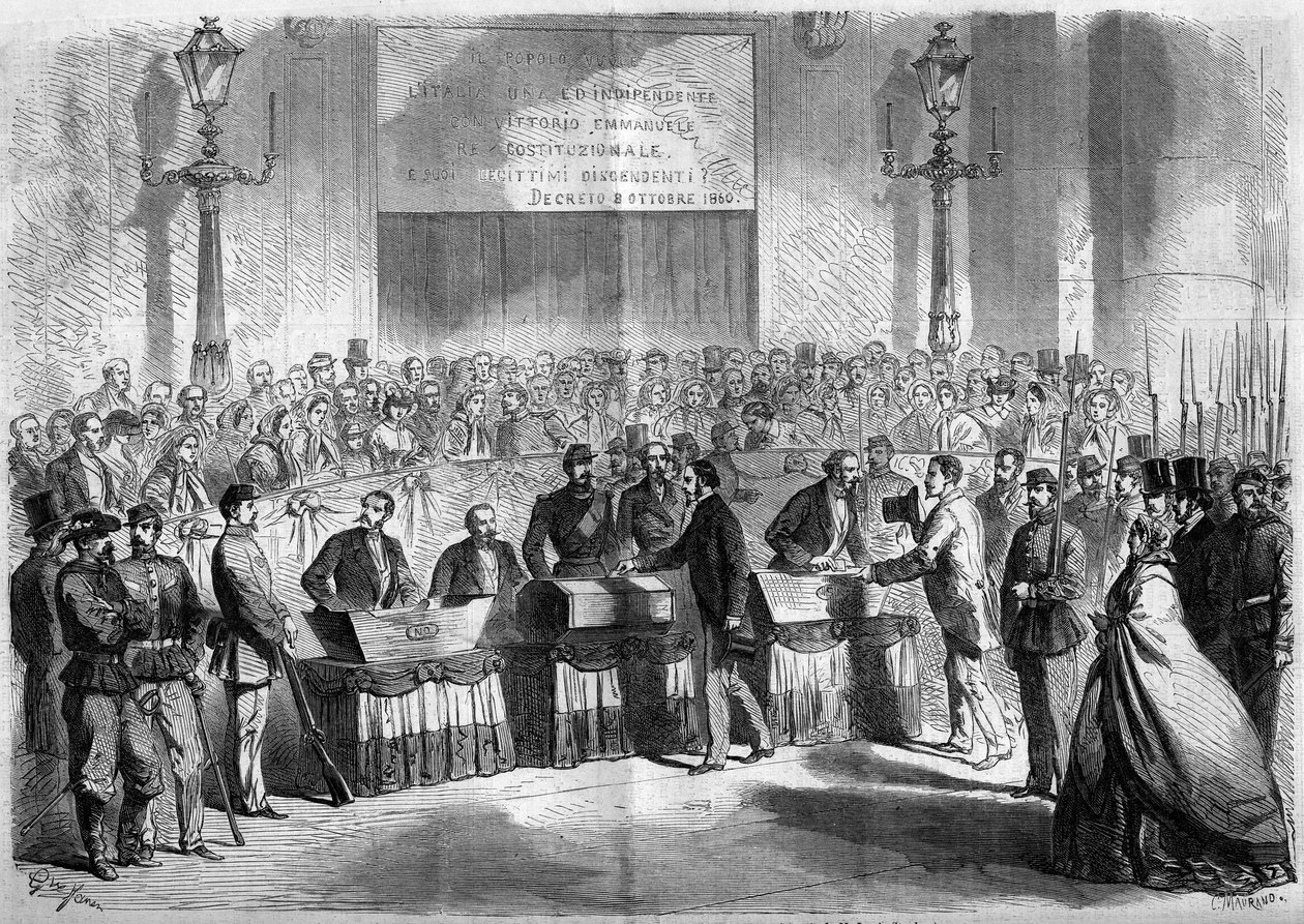 Risorgimento, Naples, 21 October 1860: vote of the population in the church of Saint Francois de Paule on the attachment of the city to the Kingdom of Italy. Engraving in “” Le Monde Illustré”” n°188 of 17 November 1860. 作者 法语学校