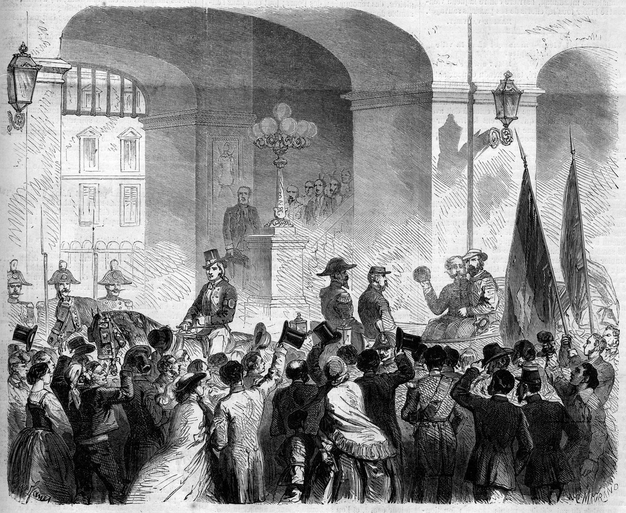 复兴运动，那不勒斯，1860年11月7日：意大利国王维克多-伊曼纽尔二世（Victor-Emmanuel）（Vittorio Emanuele）（1820-1878）在民众投票接受那不勒斯归属意大利王国后，进入那不勒斯王宫。 作者 法语学校