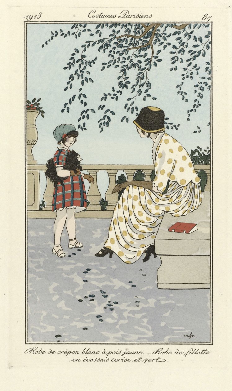 白色 Crépon 连衣裙，带黄色圆点 - 樱桃和绿色格子呢女孩连衣裙，选自《巴黎服饰》，1913 年出版（模板印刷）。 作者 法语学校