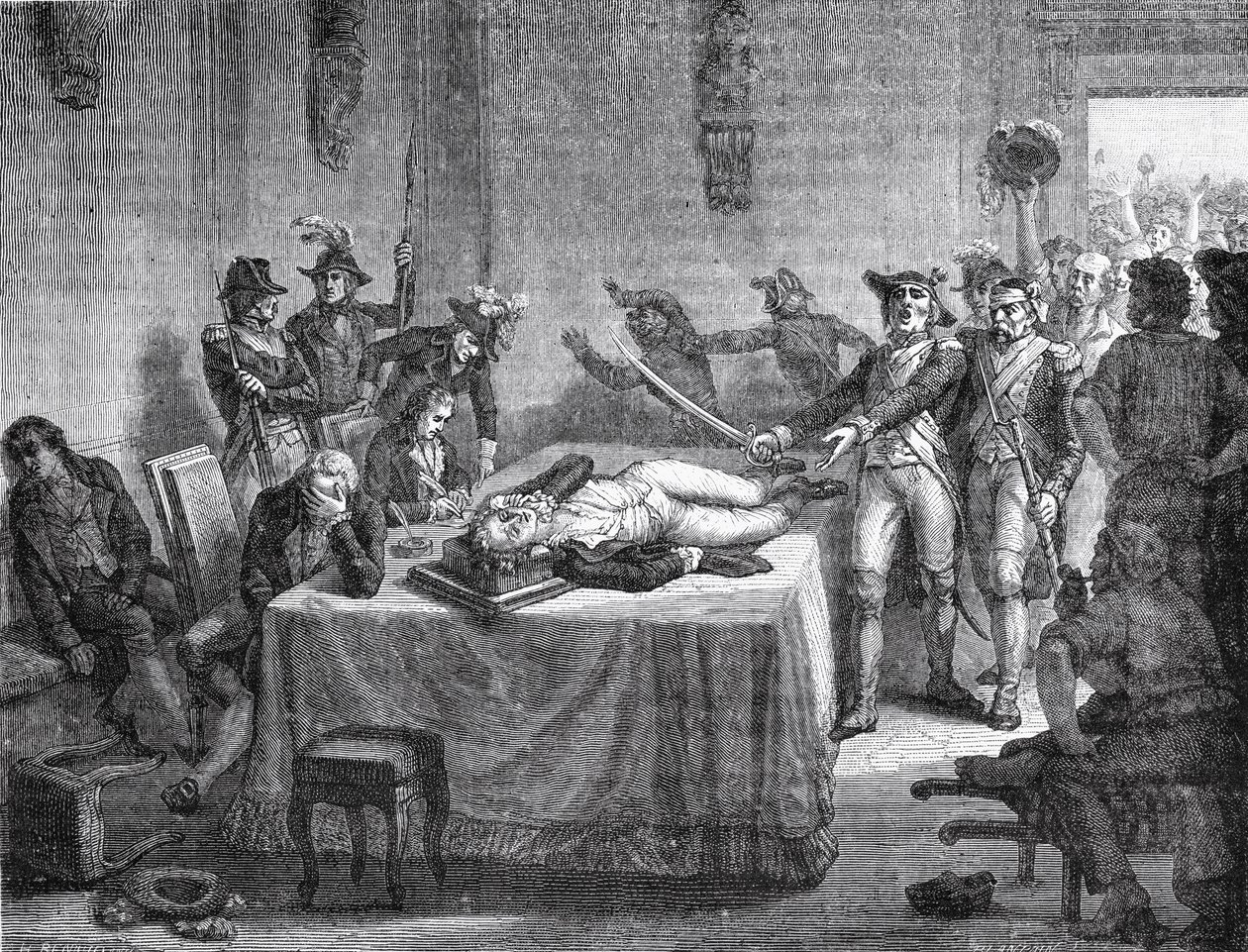 罗伯斯皮尔等待执行在1794年在下颌射击自己 作者 法语学校