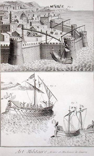 罗马的海战机械，摘自丹尼斯-狄德罗（1713-84）的《科学与计量学百科全书》，约1770年出版（雕刻）。 作者 法语学校