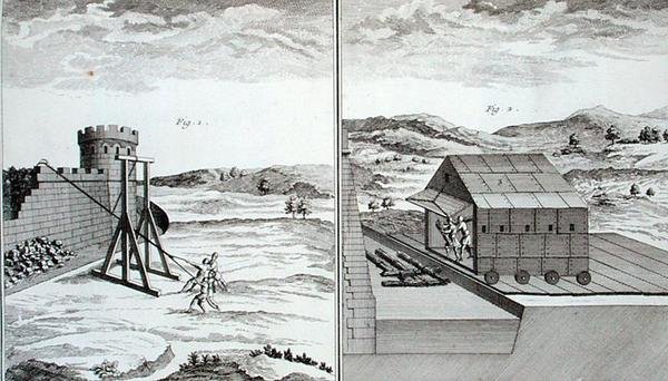 罗马攻城机械，摘自丹尼斯-狄德罗（1713-84）的《科学与计量学百科全书》，约1770年出版（雕刻）。 作者 法语学校