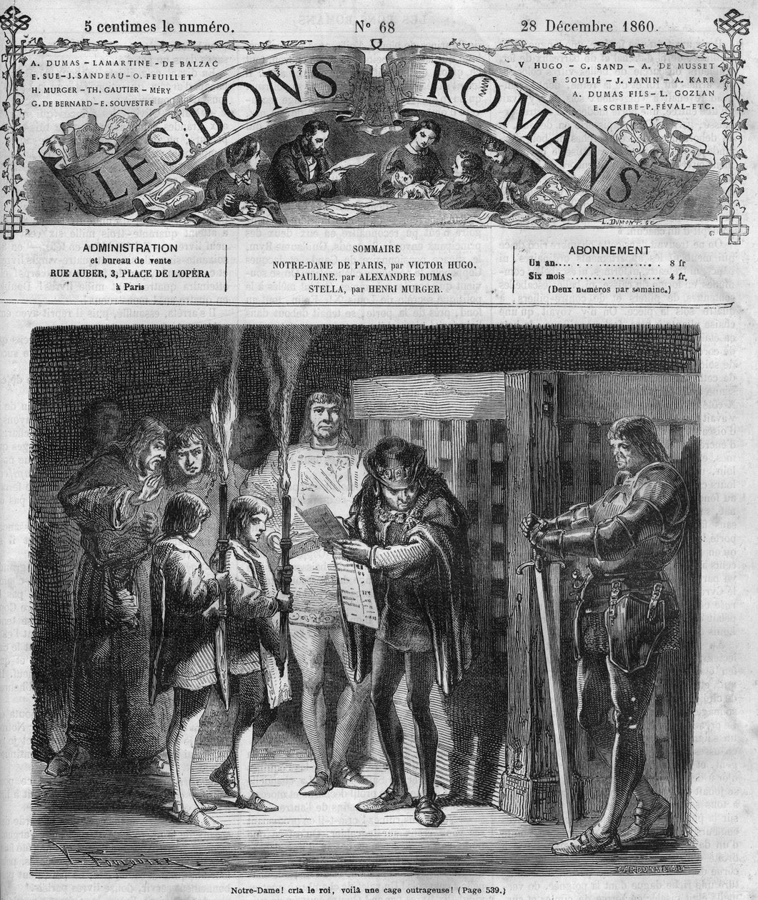 Roman serial: “” Notre Dame de Paris”” by Victor Hugo (1802-1885). The king inspects the cage. Engraving in “” Les bons romances”” 作者 法语学校