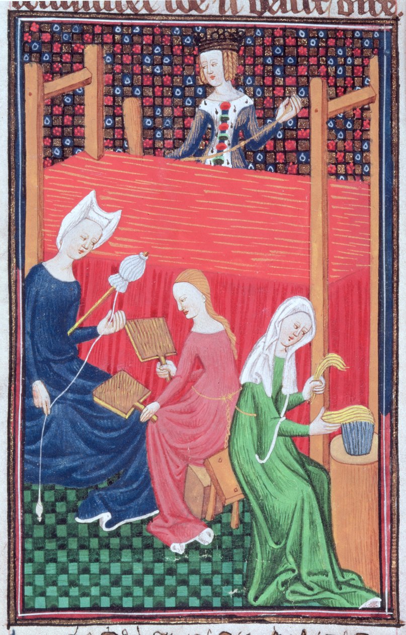 Roy 16 G V f.56 Gaia Caecilia 或 Tanaquil，织布机和纺纱的妇女，选自 "De Claris Mulierbus"（牛皮纸）。 作者 法语学校