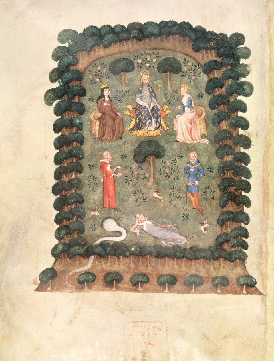 罗伊 19 C IV f.298 查尔斯五世在花园中登基，头戴王冠，手持权杖，选自《果园守护者之梦 作者 法语学校