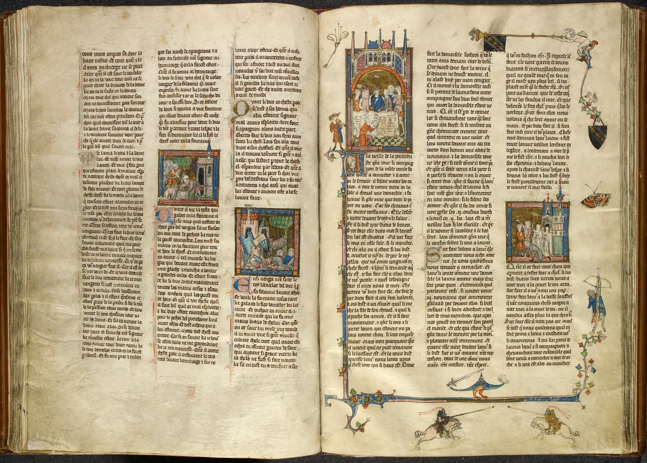 皇家 14 E. III, ff.88v-89 兰斯洛特从一口沸腾的井中取出他被斩首的祖父国王的头颅；一栋建筑倒塌压在两名骑士身上。右侧是亚瑟和吉娜薇在宴会上就坐的缩影，选自 "Estoire del Saint Graal"、 作者 法语学校