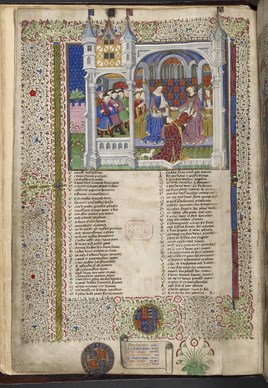 皇家 15 E. VI, f.2v 安茹的玛格丽特与她的丈夫亨利六世国王坐在一起，插图选自 "什鲁斯伯里塔尔博特浪漫故事集"，约 1445 年（牛皮纸上的墨水、彩色和金色）。 作者 法语学校