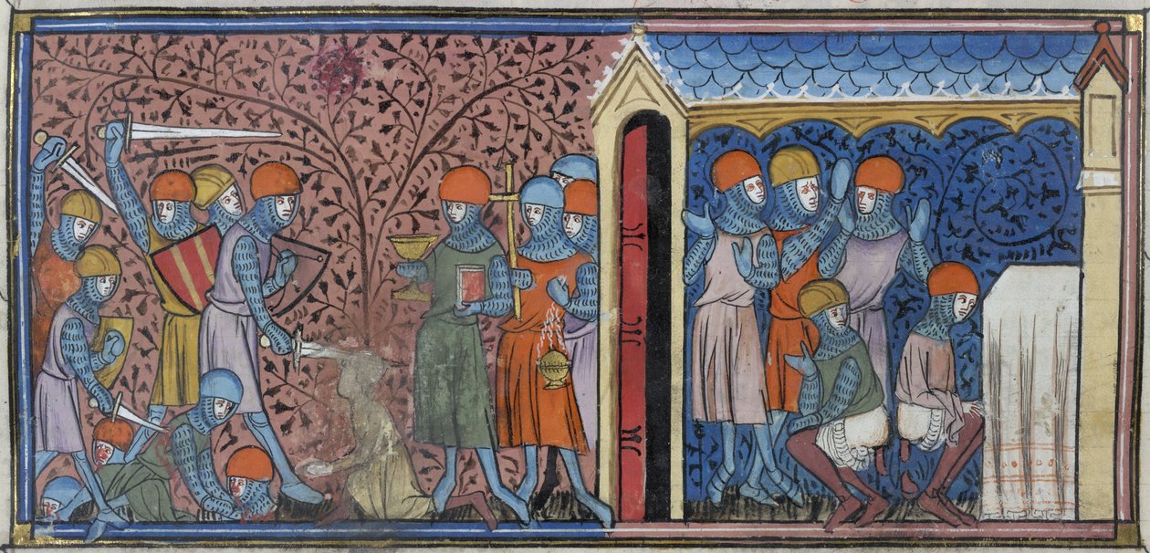 皇家 16 G. VI，f.185v 科尔多瓦曼苏尔的突袭，"Chroniques de France ou de Saint Denis"（牛皮纸）中的插图 作者 法语学校