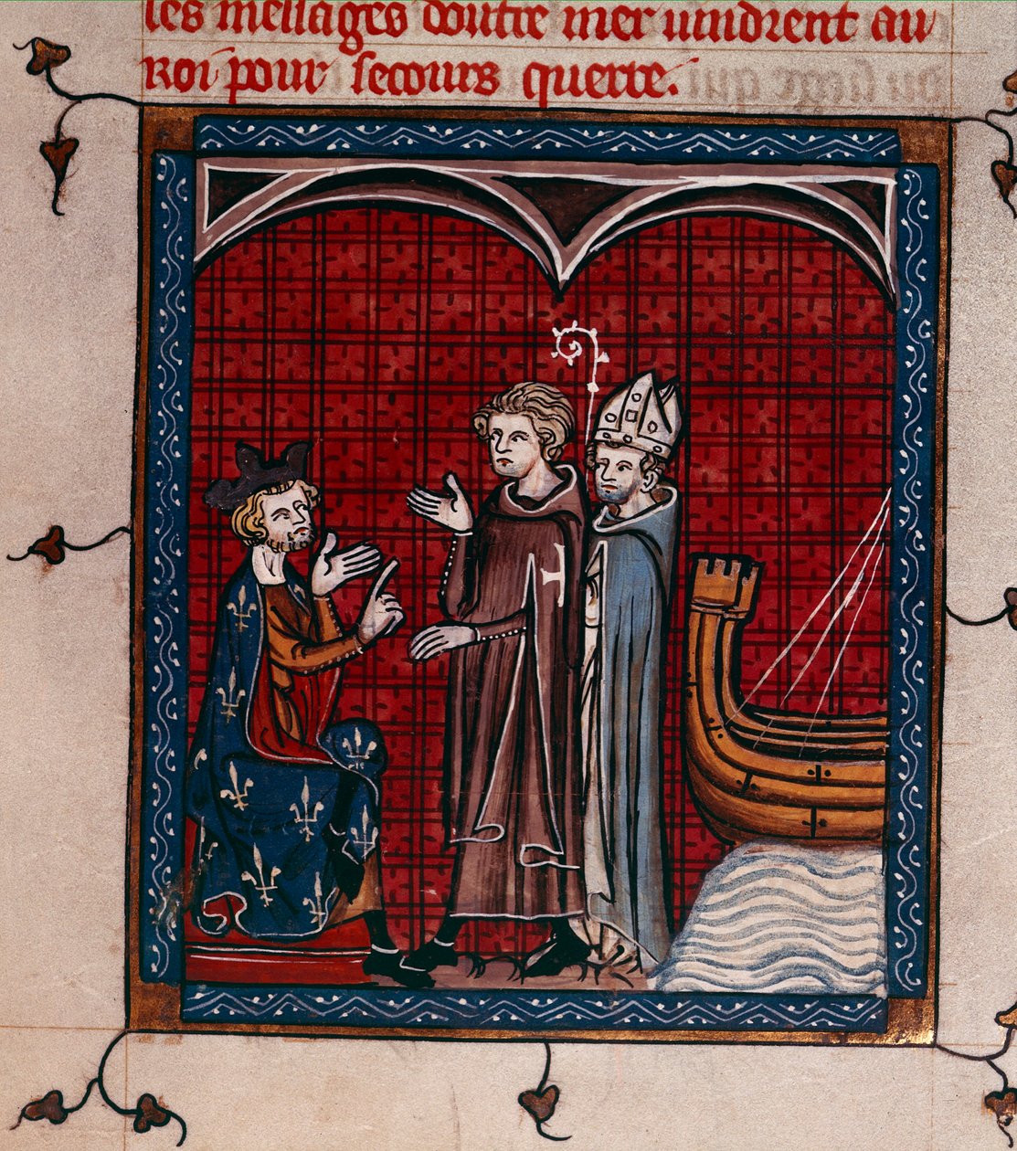 皇家 16 G. VI, f.337 国王菲利普二世和牧首，"Chronqiues de France ou de Saint Denis"（牛皮纸）插图 作者 法语学校