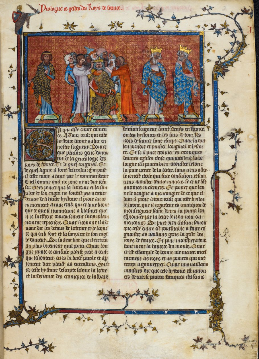 皇家 16 G. VI, f.3 《法拉蒙加冕》，插图选自《法国纪事》，约 1332 年（牛皮纸） 作者 法语学校