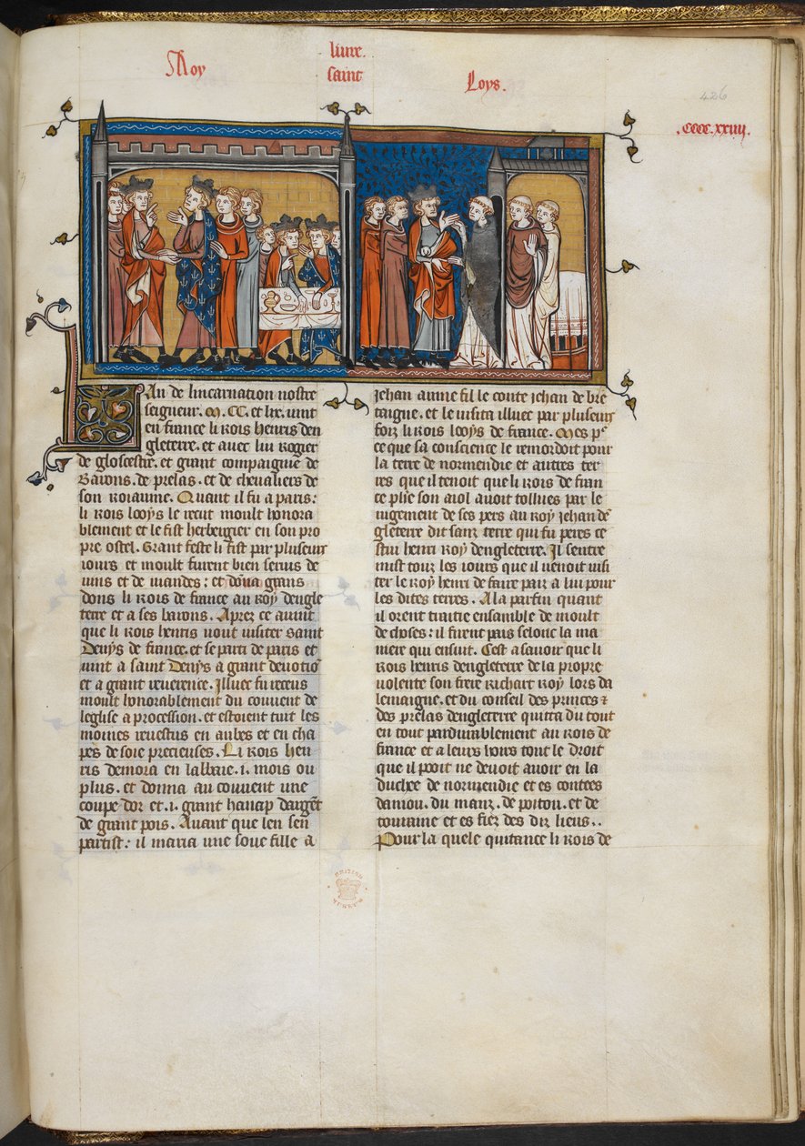 皇家 16 G VI f.426r 亨利三世拜访路易九世和亨利三世在圣丹尼斯的缩影，选自 "Les Grandes Chroniques de France "的页面 作者 法语学校