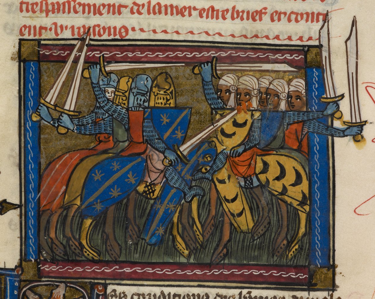 Royal 19 D. I f.189v Christian and Saracen armies in battle, illustration from 