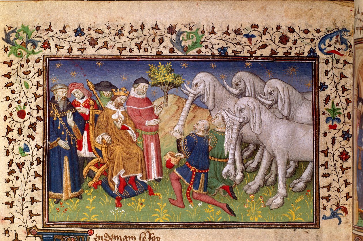 Royal 20 B. XX, fol.82v, Alexander given white elephants, from 