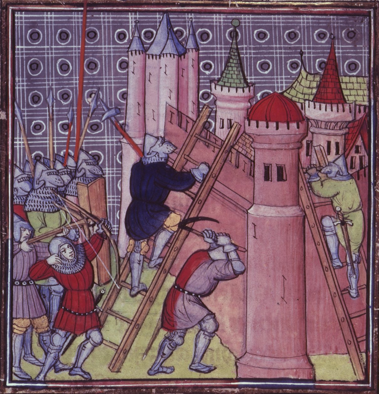 皇家 20 C.VII fol.19 法国人摧毁热那亚，选自《Chroniques de France ou de St.Denis》，14 世纪晚期（牛皮纸） 作者 法语学校
