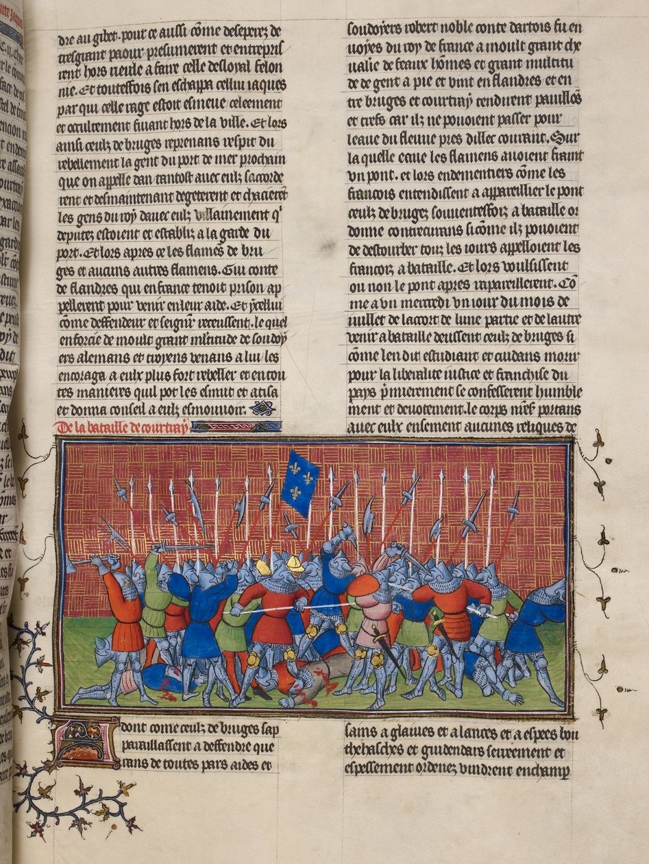皇家 20 C. VII, f.34 Courtrai 战役，选自 "Chroniques de France ou de Saint Denis"（牛皮纸）的插图 作者 法语学校