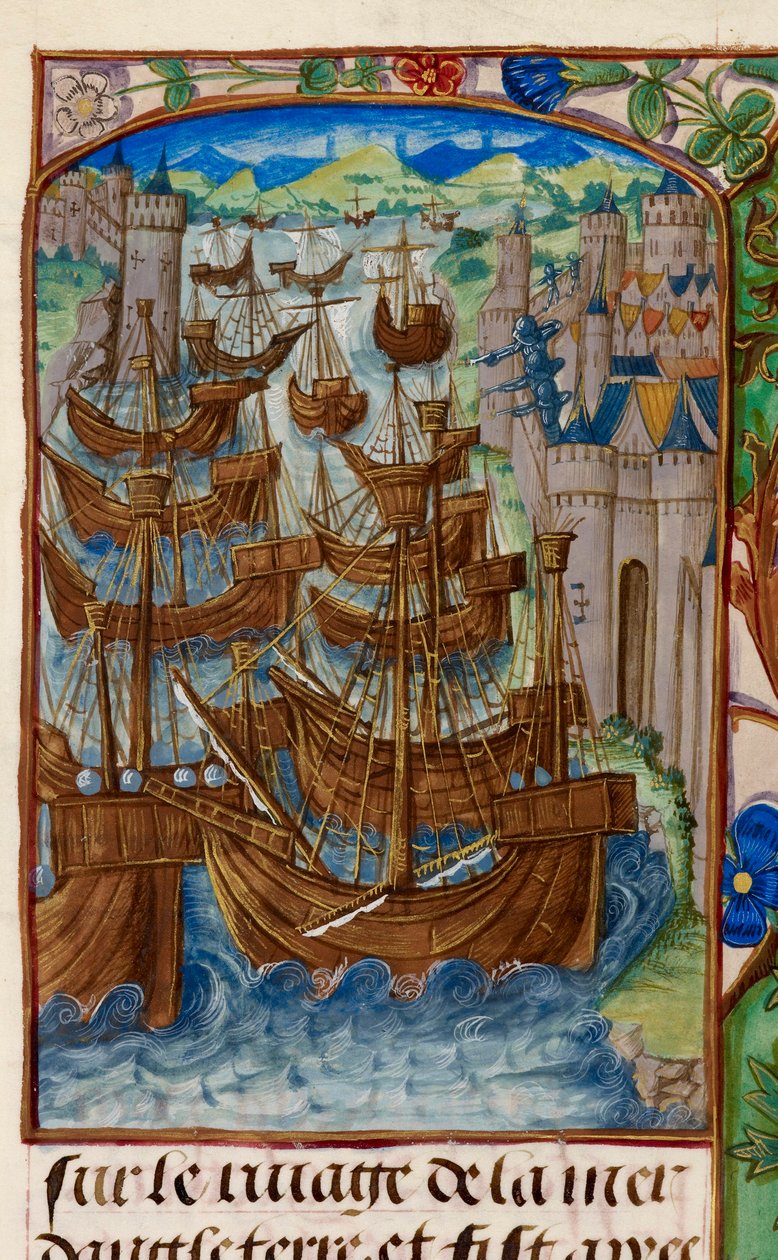 皇家 20 E.III，fol.186v，法国舰队在 Sluys 遭到攻击，选自 "Chroniques de France ou de Saint Denis"（《法国或圣德尼纪事》）。 作者 法语学校